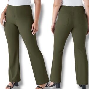 HALARA Olive Green Flare Leg Pull On Trousers Flat Front Back Pockets US Sz XL R
